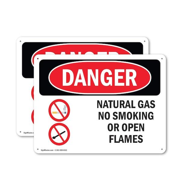 Signmission Natural Gas No Smoking Or Open Flames Danger Sign, Plastic, 14in W x 10in L, 2PK OS-2PACK-DS-P-1014-L-1454 - main